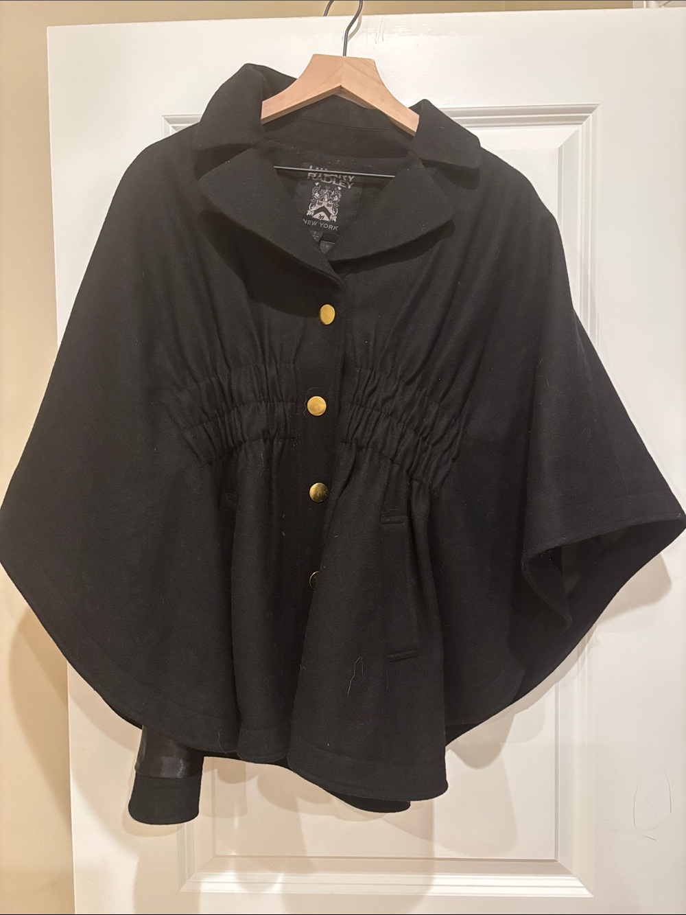 Black Button-Front Cape Jacket with Gathered Waist